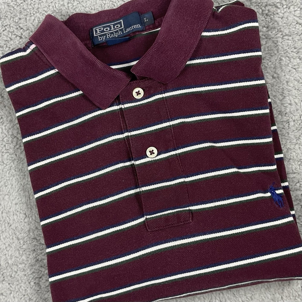 Polo‎ by Ralph Lauren Men's Pique Burgundy Striped Short Sleeve Shirt Size Large